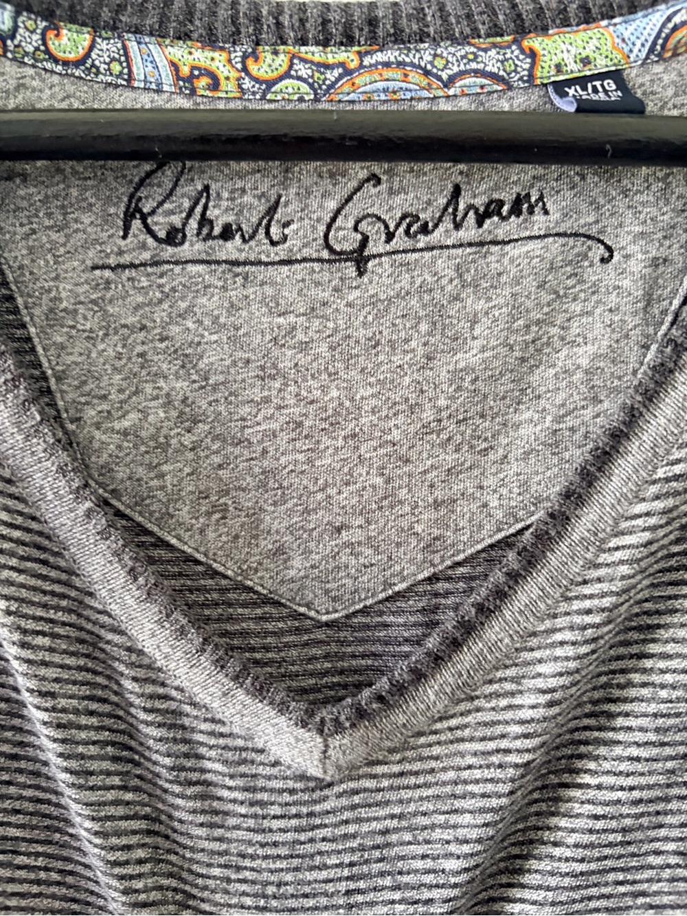 Robert Graham Gray and Black Striped V-Neck Sweater